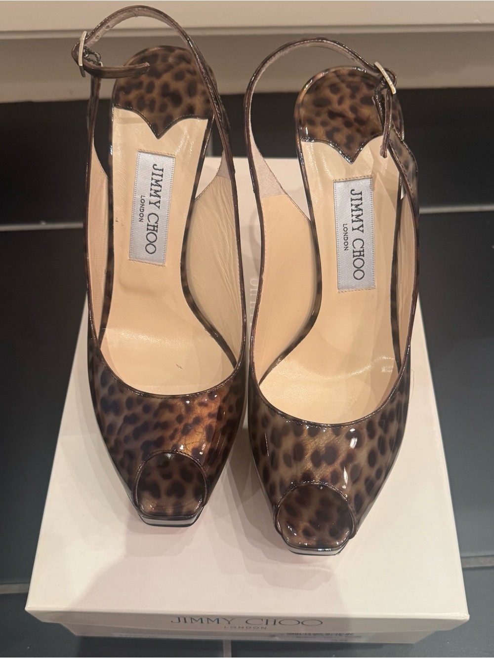 NWT Jimmy Choo Leopard Print Patent Slingback Peep-Toe Platform Heels - Brown